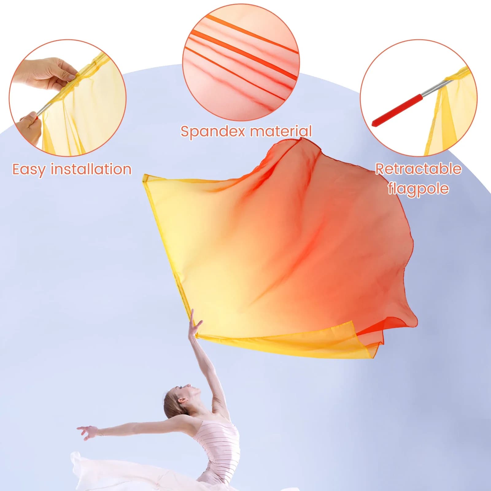 2PCS Bandiere per culto di danza Bandiere per lode con palo telescopico Mezzo cerchio Veli di seta per danza del ventre Bandiere per esterni con ala di seta