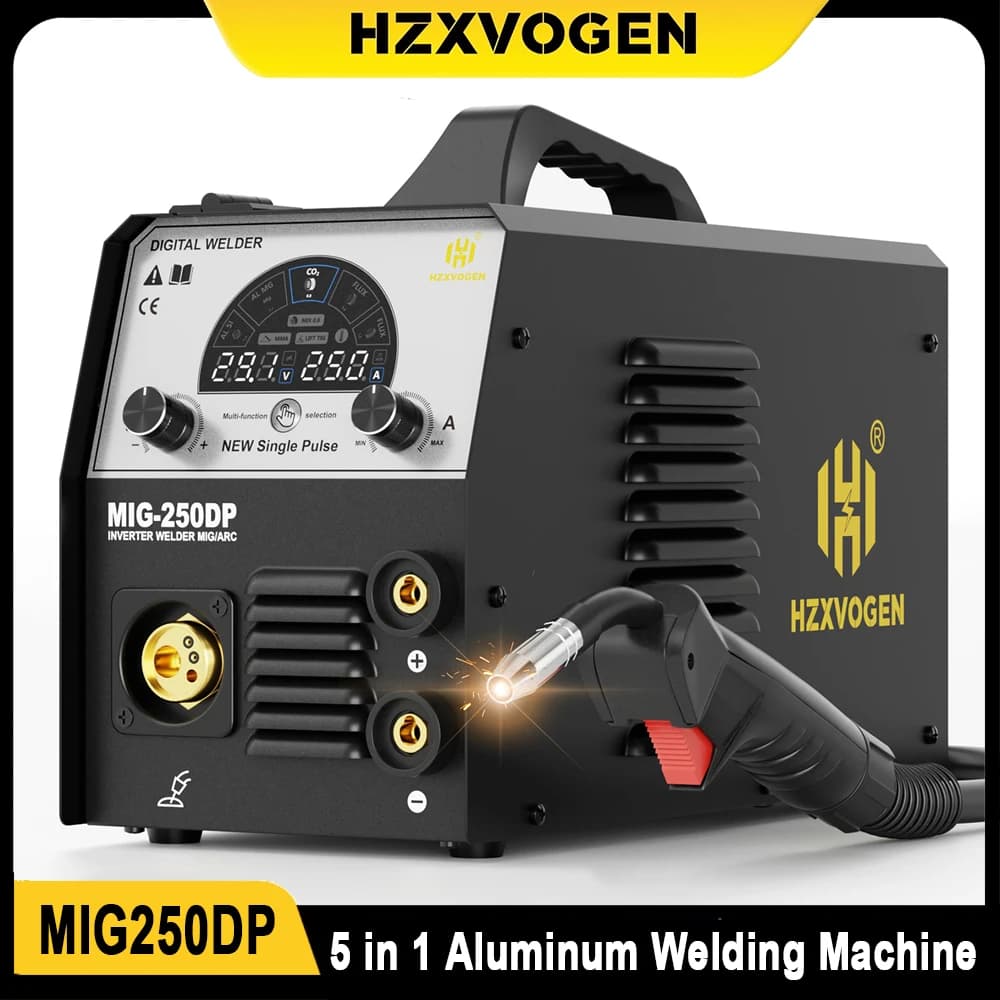 HZXVOGEN MIG250 welding machine for Aluminium 5 in 1 Stick/Gas MIG/Gasless MIG/Lift TIG/Swilding with Synergic Control 110/220V