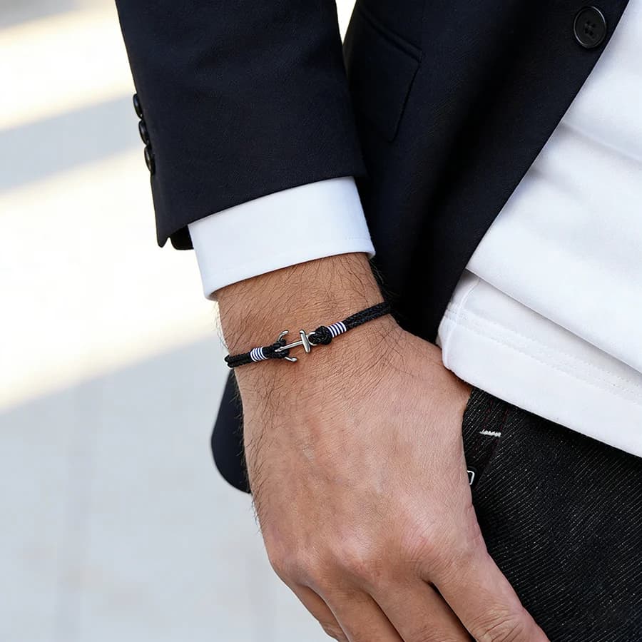 Bracciale da uomo fatto a mano in corda sottile da 2 mm con ancoraggio in acciaio inossidabile, braccialetto intrecciato con gancio facile, surf, equitazione, fascino, gioielli a mano Homme