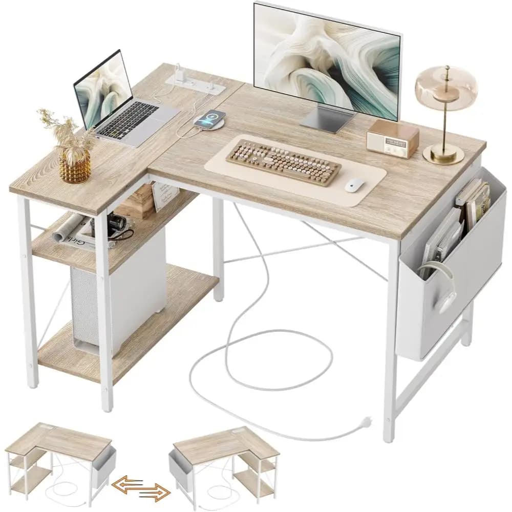 Scrivania a L con Prese di Corrente, Scrivania Angolare Piccola da 47 Pollici con Ripiani Reversibili, Tavolo da Gaming per Computer