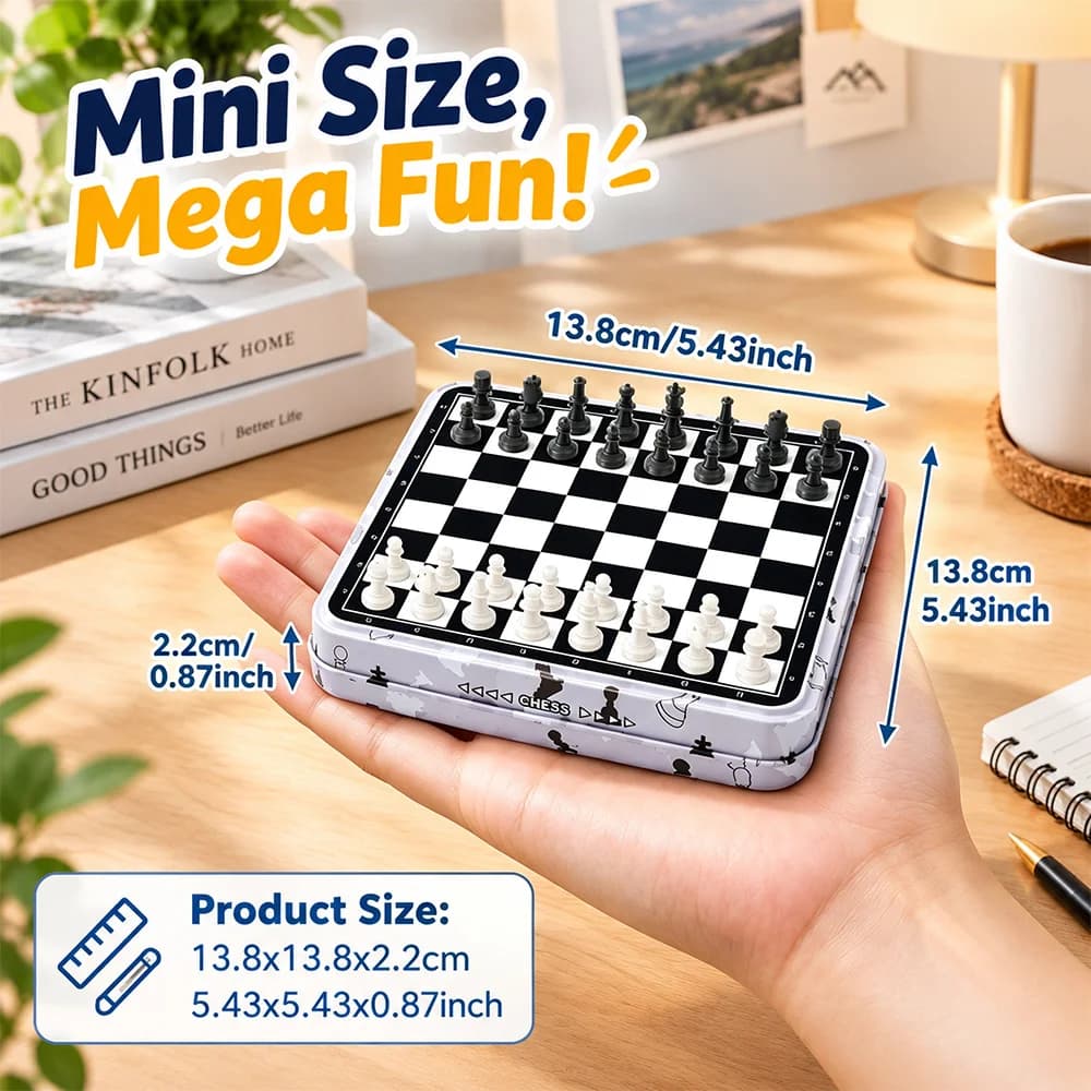 Magnetic 2 in 1 Chess & Checkers Set, Portable Mini Metal Storage Box Board Game, Foldable Travel Chess Board, High Quality Educational Brain Game, Perfect Halloween Birthday Holiday Gift for Kids Adults Family Party Indoor Game