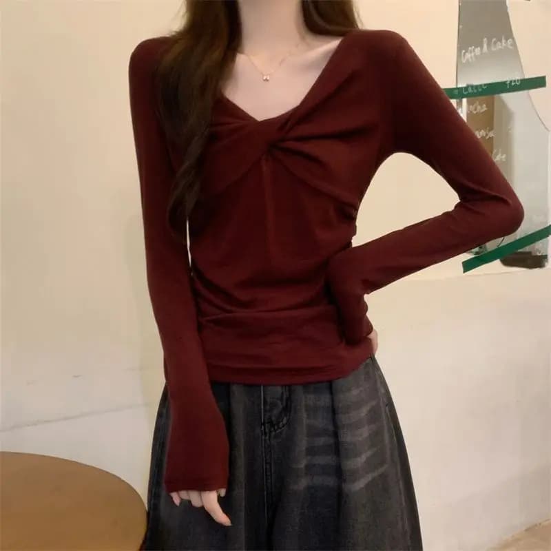 Coreano Con Scollo A V Moda Pieghe T-shirt Primavera Autunno Manica Lunga Abbigliamento Donna Tinta Unita Basic Sottile Asimmetrico Pullover