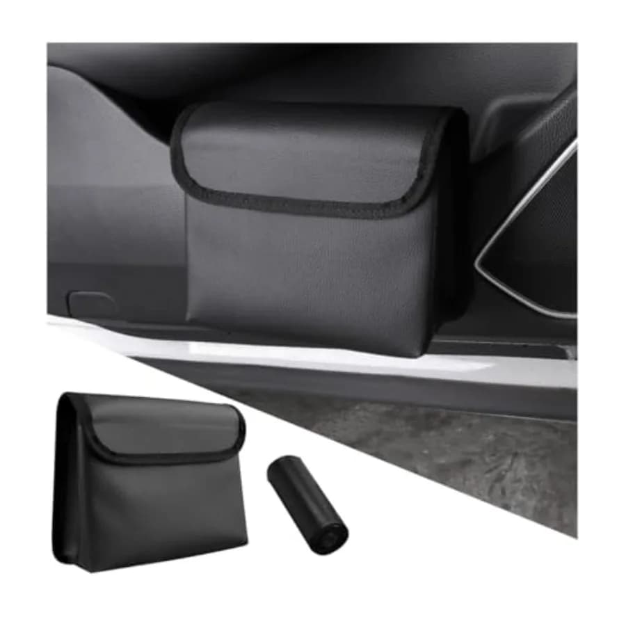 Car Trash Can, Magnetic Leather Vehicle Hanging Dustbin Container with Lid, Foldable Waterproof Leakproof Automotive Suspended