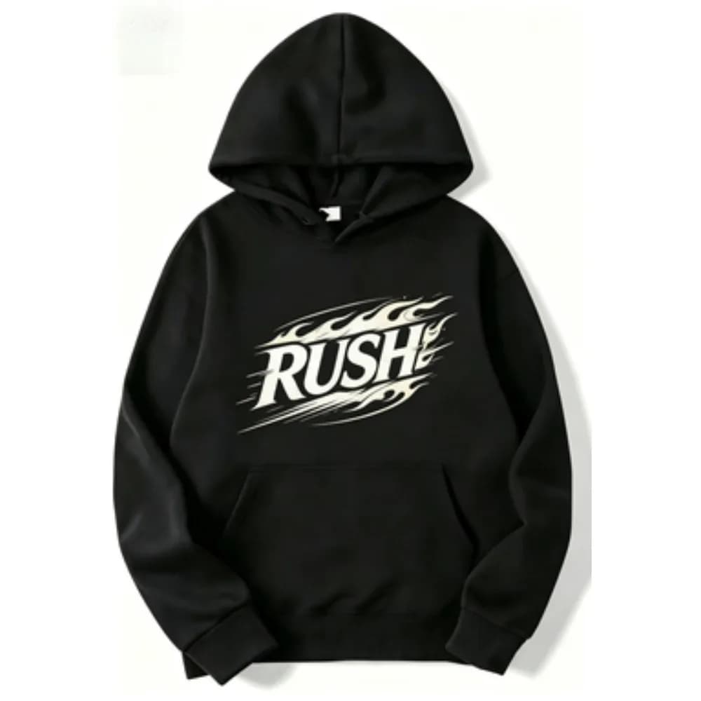 2026Hotsale Fall_Winter Men's RUSH Flame Letter Graphic Front casual Hoodie Streetwear Casual Loose Fitted Hoodie top