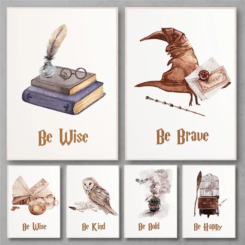 Broom Wizard Magic Owl Cat Poster Potter Train Prints Canvas Painting Wall Art Picture for Living Kids Room Home Decoration Gift