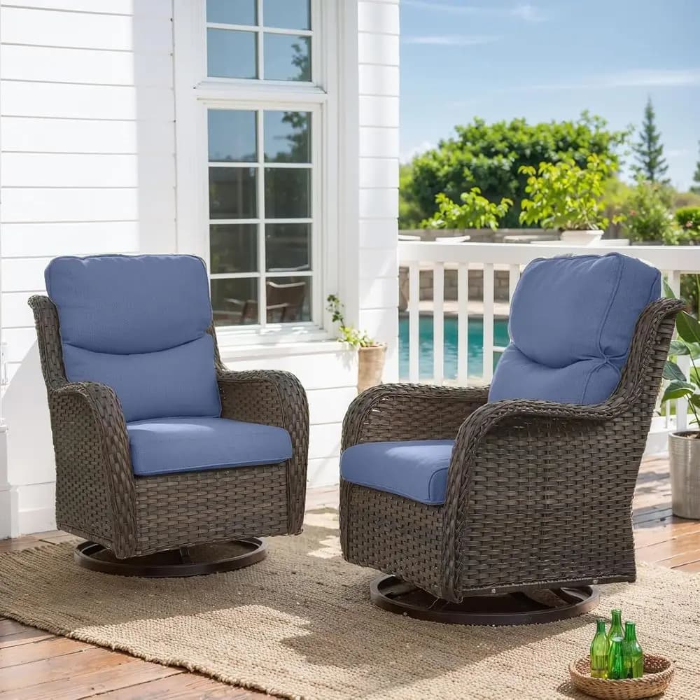Set di sedie a dondolo girevoli da esterno in 2 pezzi con cuscini, vimini resistente alle intemperie, ideale per patio, veranda, bordo piscina, terrazza e giardino.