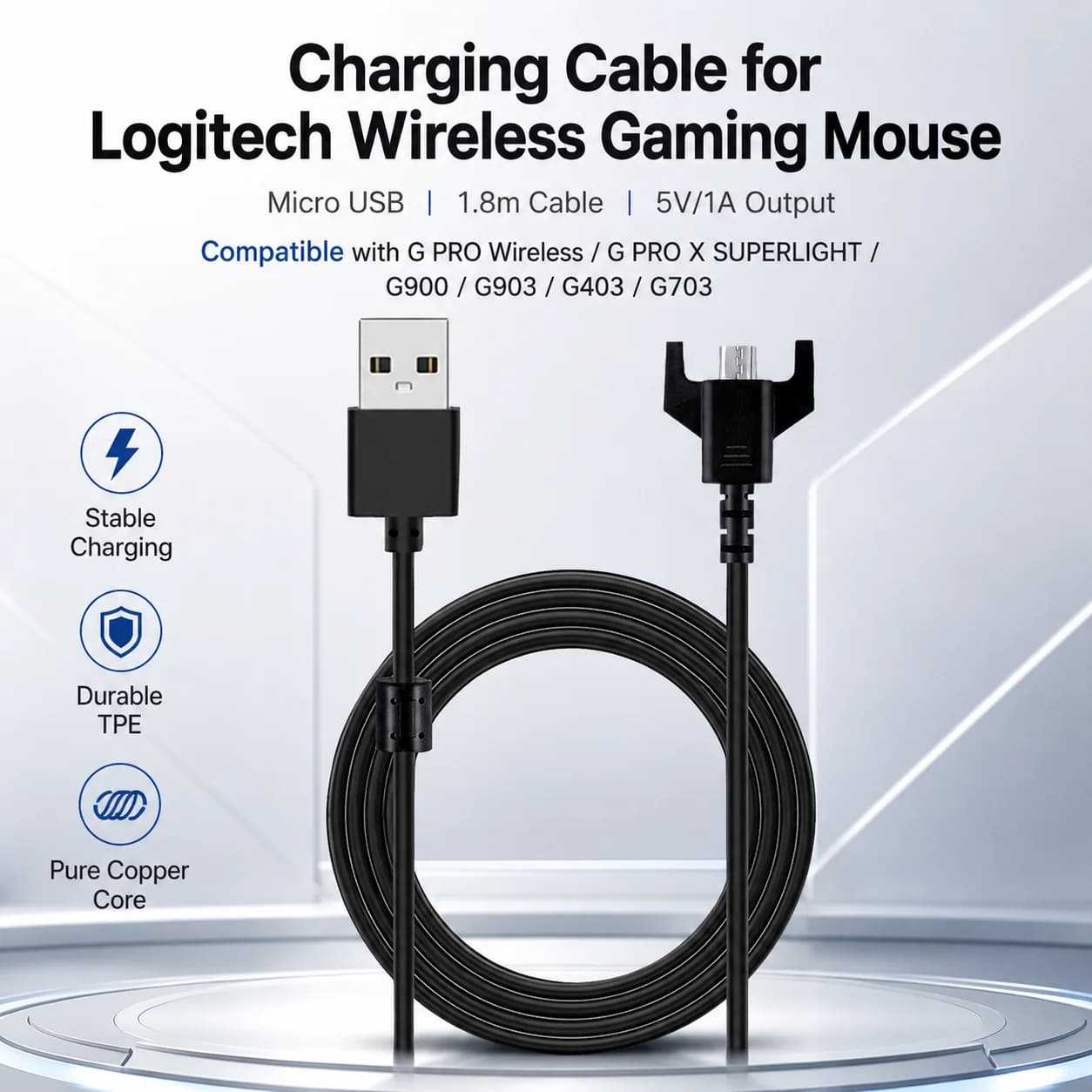 Micro USB Charging Cable for Logitech G PRO Wireless G PRO X SUPERLIGHT G900 G903 G403 G703 Gaming Mouse Replacement Cable 1.8M