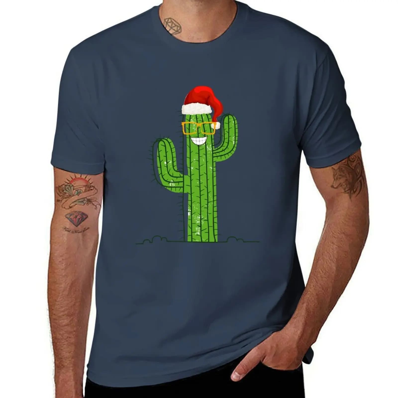 T-shirt con cappello, albero, Babbo Natale, cactus, luci di Natale, maglietta leggera per sport all'aria aperta