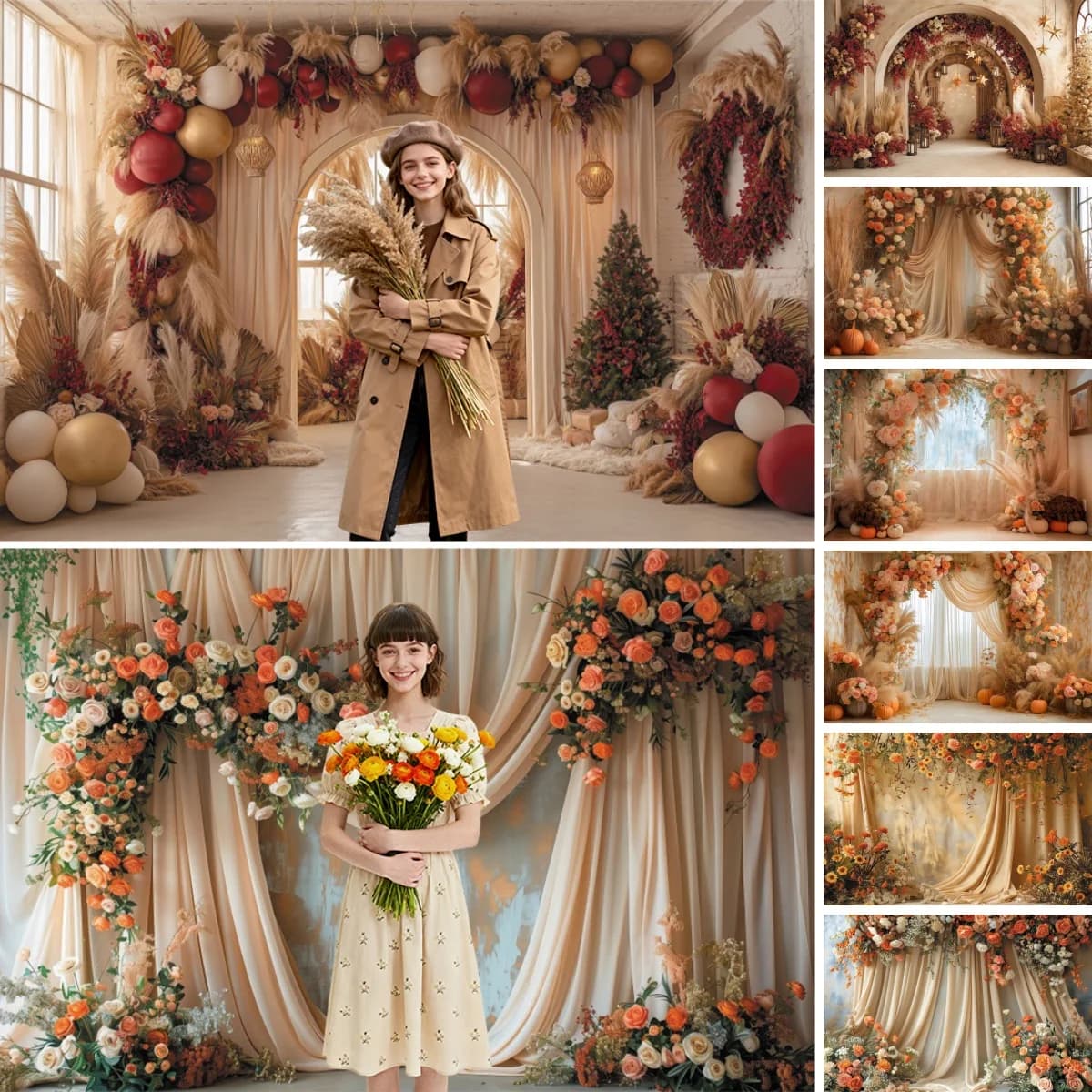 Boho Pampas Arco floreale Fondale fotografico Tenda Fiore Bridal Shower Decorazioni per feste di matrimonio Ritratto incinta Sfondo fotografico