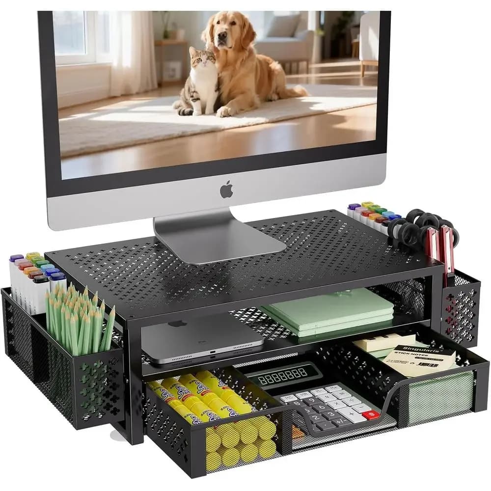 Desk Organizer & Accessories, 2 Tier Metal Monitor Stand Riser with Drawer and or Laptop, Black
