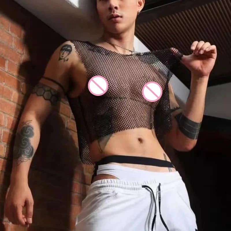 Mens Tank Tops Sexy Rhinestone Fishing Net Sleeveless Top Hollowed Out Sports Vest with Stage Show Clothes for Men