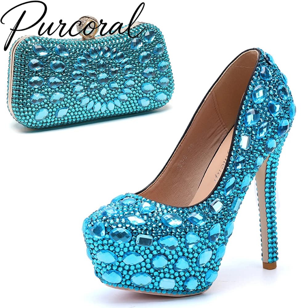 Sparkly Turquoise Rhinestone Platform High Heels Matching Crystal Evening Clutch Bag Women Shoe & Bag SetRandom Free Gift