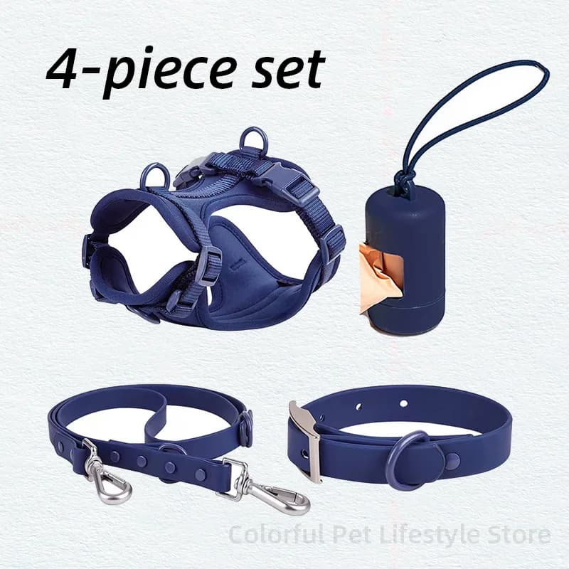 Set di 4 pezzi: Pettorina per cani, guinzaglio, collare regolabile, impermeabile, facile da pulire, con porta sacchetti igienici.