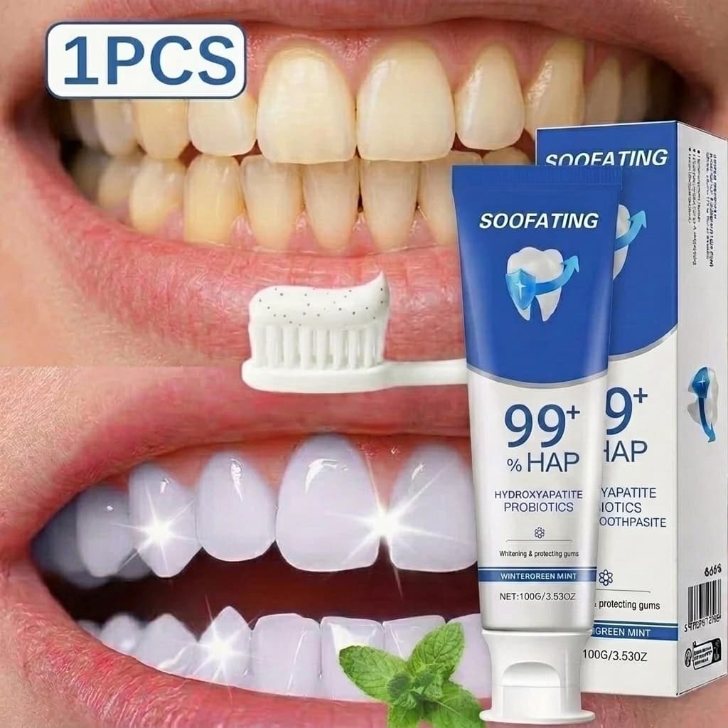 SOOFATING Dentifricio all'Idrossiapatite con Probiotici – Sbiancante e Protezione Gengive, Menta Wintergreen, Riparazione Smalto, Peso Netto 100g/3.53