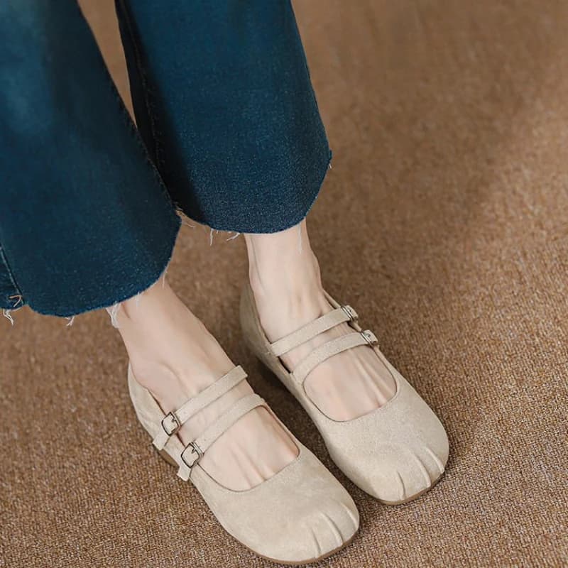 Mary Jane suede shoes with double strap, low décolleté with square and uniform tip, women's elegant retro shoes