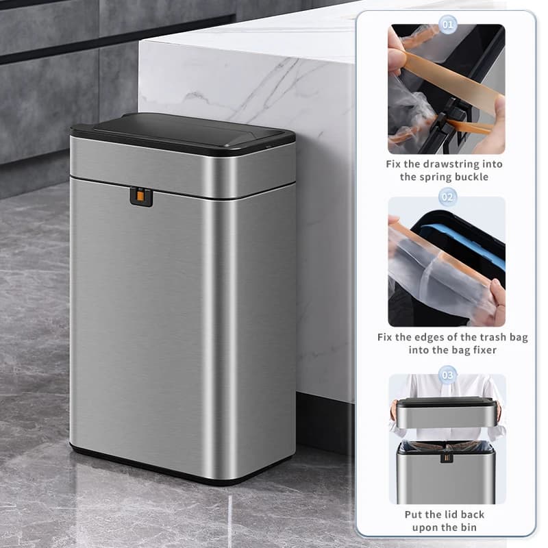 Cestino per Rifiuti con Sensore per Bagno e Cucina, 13 Galloni, 40L 50L 60L, Bidone Intelligente in Acciaio Inox per Uso Domestico