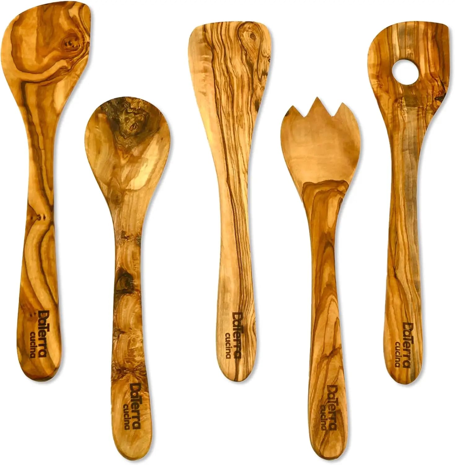 Set di Utensili da Cucina in Legno d'Ulivo da 12 Pollici - 5 Pezzi di Strumenti da Cucina in Legno con Cucchiai e Spatole per Cucinare