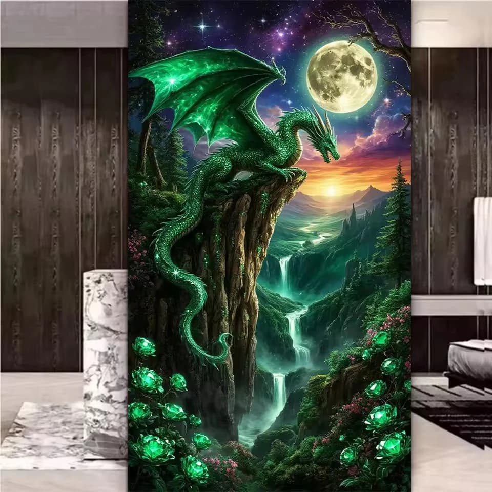 Pittura Diamantata 5D Completa con Diamanti Quadrati e Rotondi, Paesaggio Fantastico con Drago e Luna, Kit Ricamo Mosaico Punto Croce Fai da Te, Decorazione Casa, Regalo