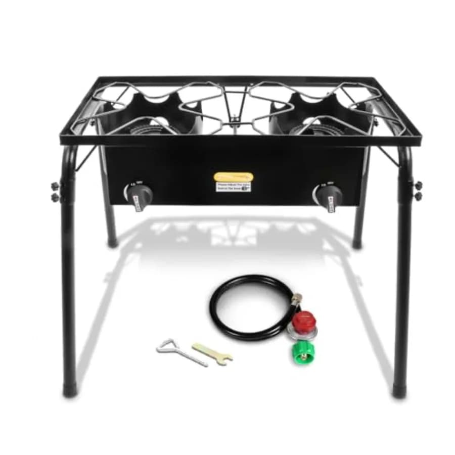 2-fire outdoor propane camping stove for cooking/cooking homemade/sauce production Stainless steel Silver high heat efficiency and Po