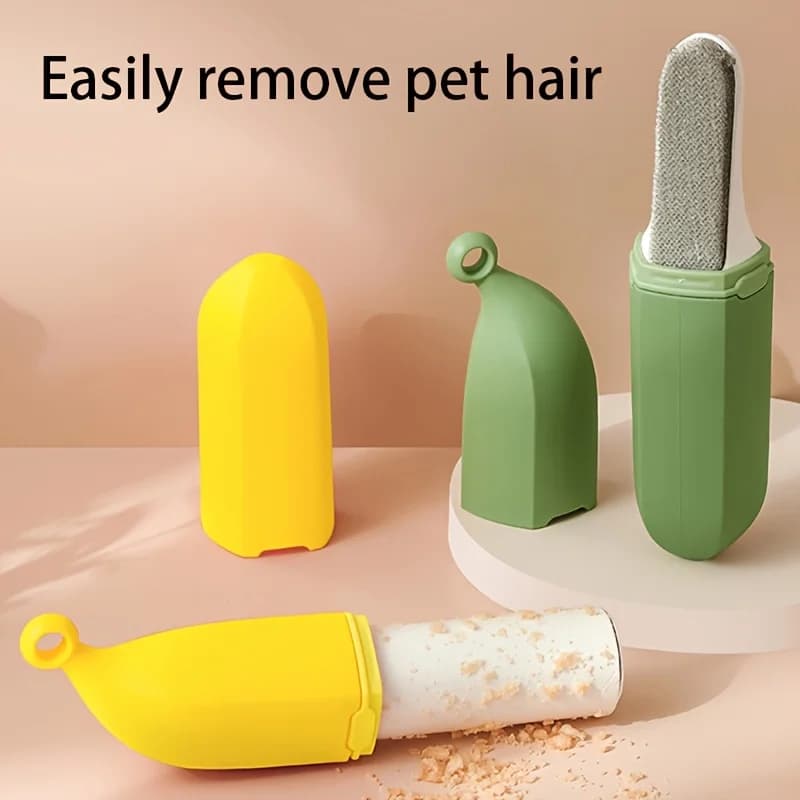 2-in-1 Banana Lint Roller Pet Hair Remover, Refillable Sticky Roller with Fabric Brush for Clothes Sofa Travel