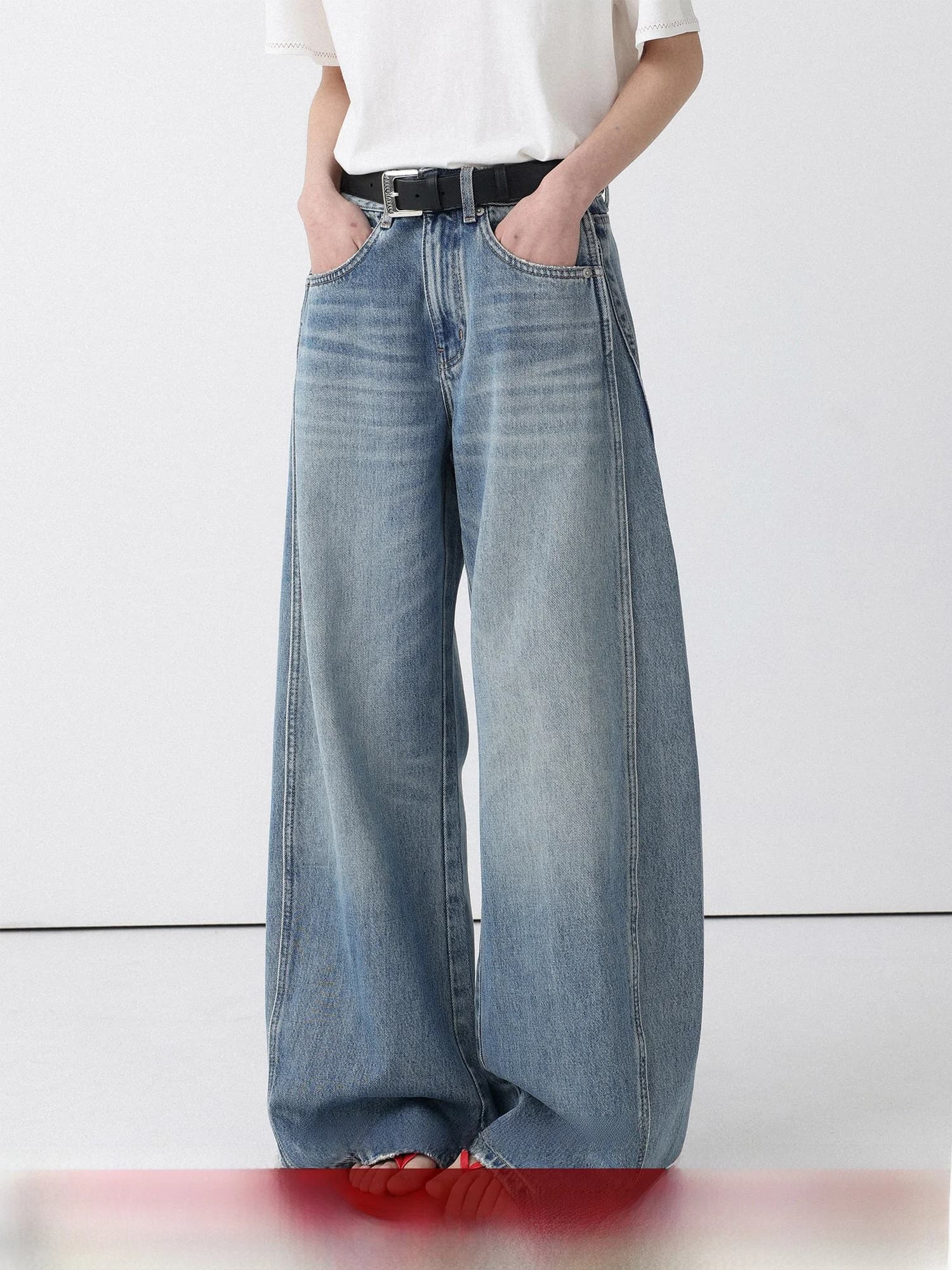 Jeans a Vita Alta e Gamba Larga a Basso Contenuto Calorico, Jeans Casual con Patchwork, Tessuto Non Elastico con Tasche, Collezione Primavera per Donna