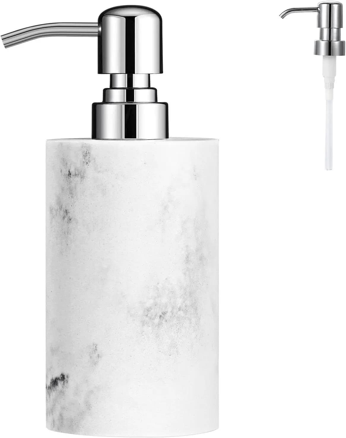Dispenser di Sapone in Marmo, Bottiglia Cilindrica con Pompa per Lozione, Contenitore Ricaricabile per Shampoo, per Bagno e Cucina, Bianco
