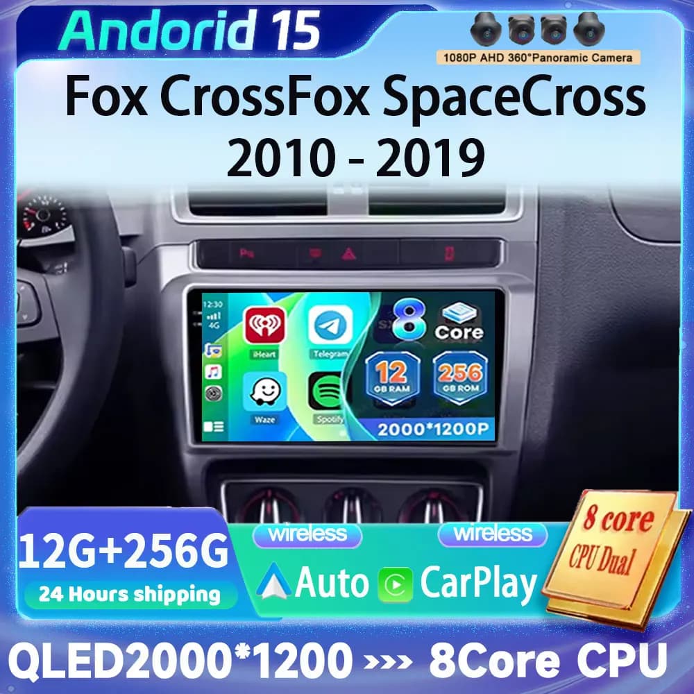 Android 15 per Volkswagen Fox CrossFox SpaceCross 2010 - 2019, Schermo QLED, Carplay, Autoradio, Lettore Multimediale, Navigazione GPS 4G