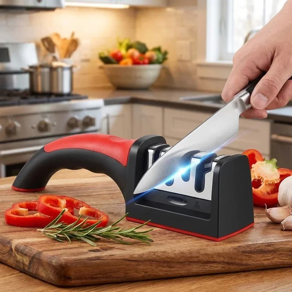 Affilacoltelli Manuale a 4 Segmenti, Multifunzione, 4 Usi, Pietra per Affilatura Rapida, Base Antiscivolo Nera e Rossa, per Cucina Domestica