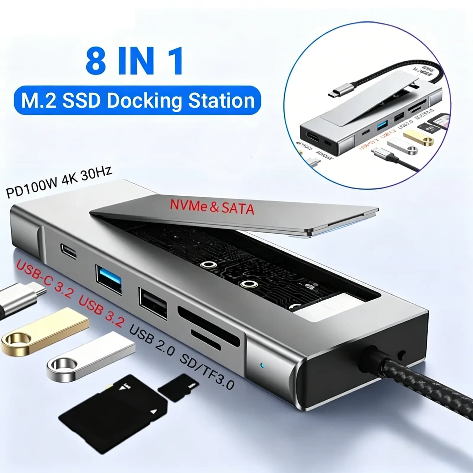 Docking station USB C Adattatore versatile per laptop Enclosure SSD M.2 Nvme Hub compatto di tipo C per Macbook Travel Office