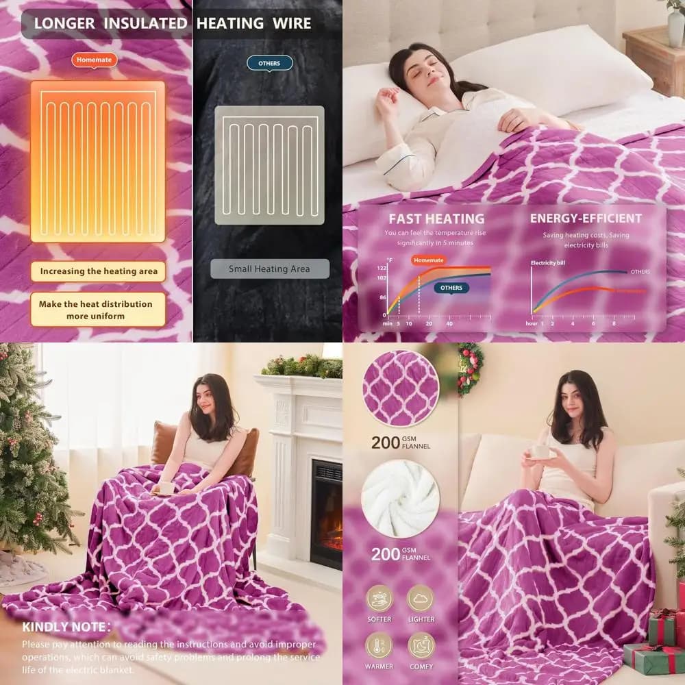 Coperta elettrica Queen Size - 84x90 10 impostazioni di calore, spegnimento automatico 8 ore, morbida flanella, protezione dal surriscaldamento, certificata ETL