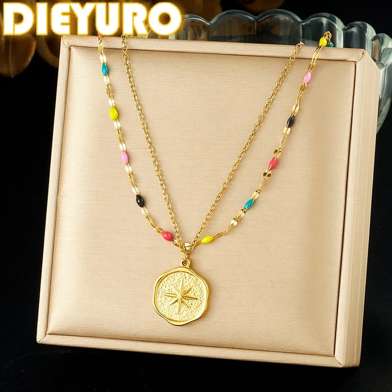 DIEYURO 316L Stainless Steel Golden Hammer Star Round Card Pendant Double-layer Necklace Lady New Classic Neck Chain Jewelry