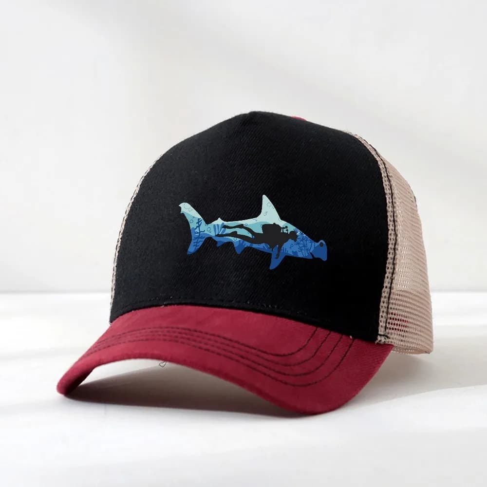 Cappello da pesca da uomo Hammerhead Shark Scuba Diver Diving, regolabile, per protezione solare all'aperto, con rete traspirante, berretto da baseball