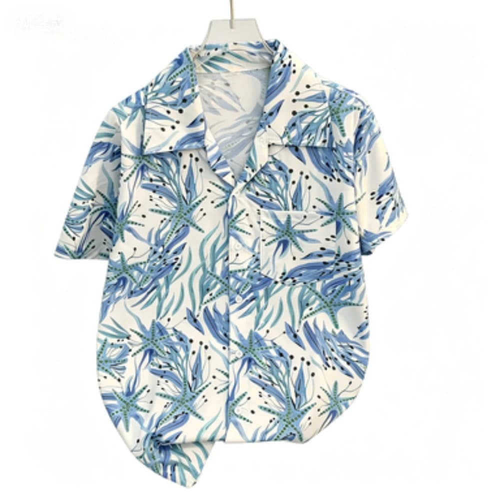 Hawaiian Beach Flower Shirt with Full Print Men's Harbor Style Antique Loose Seaside Vacation Style Short Sleeved