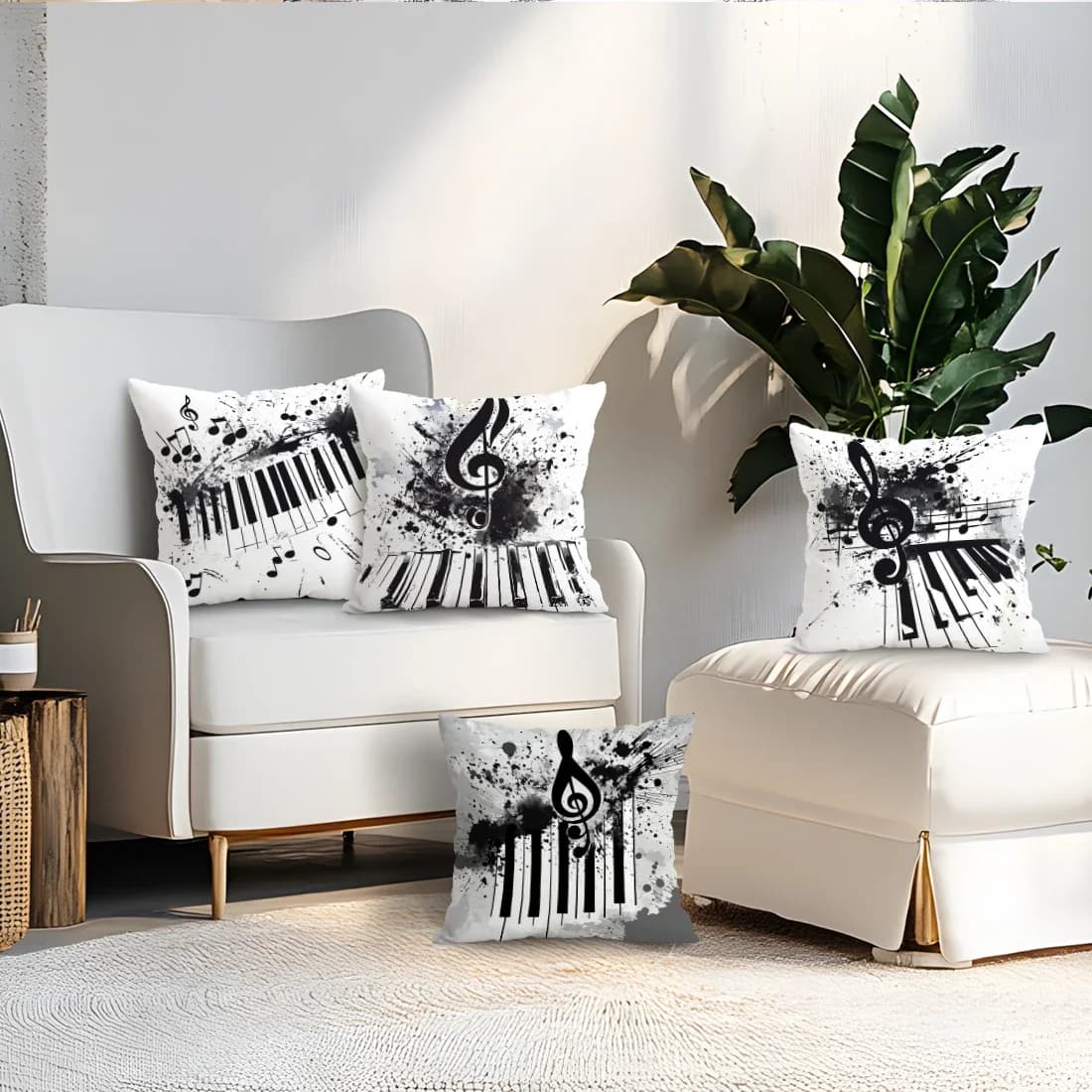 4 pieces of cushion cover with geometric print of musical notes in black and white, single-sided, for living room, bedroom, car, home decoration