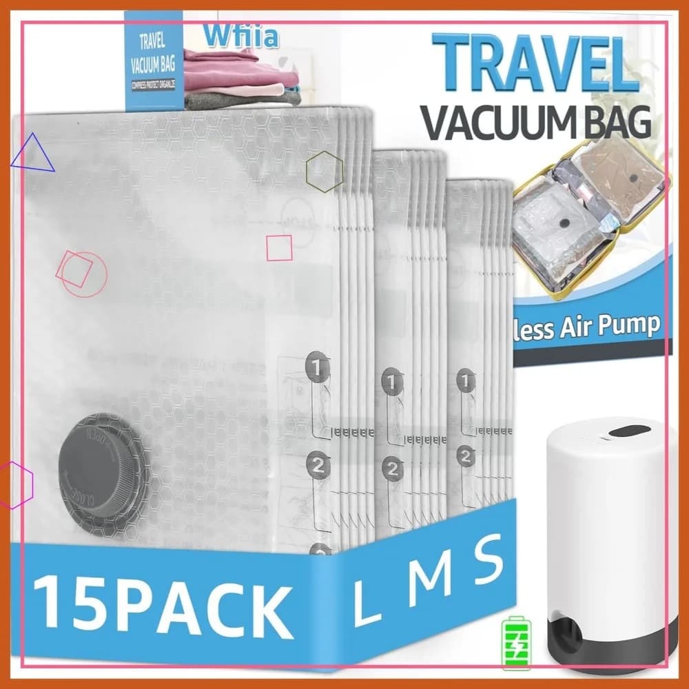 15 Sacchetti Sottovuoto da Viaggio con Pompa Ricaricabile, Sacchi a Compressione in 3 Misure per Vestiti, Bagagli e Organizzazione Armadio