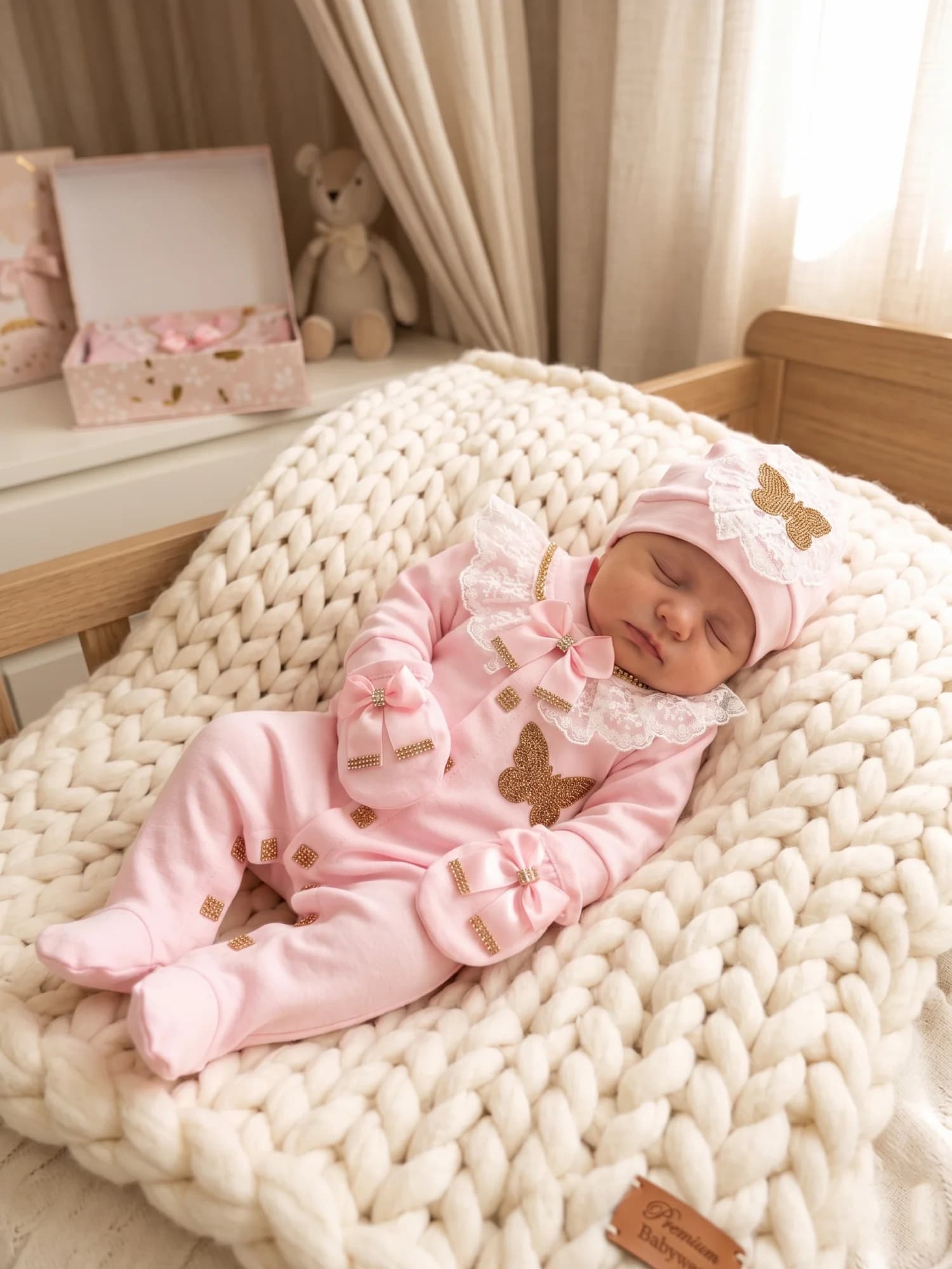 Dusty Pink Rhinestone Butterfly Footed Baby Romper 3Pcs Elegant Lace Bow Infant Girl Photoshoot Coming Home Clothes