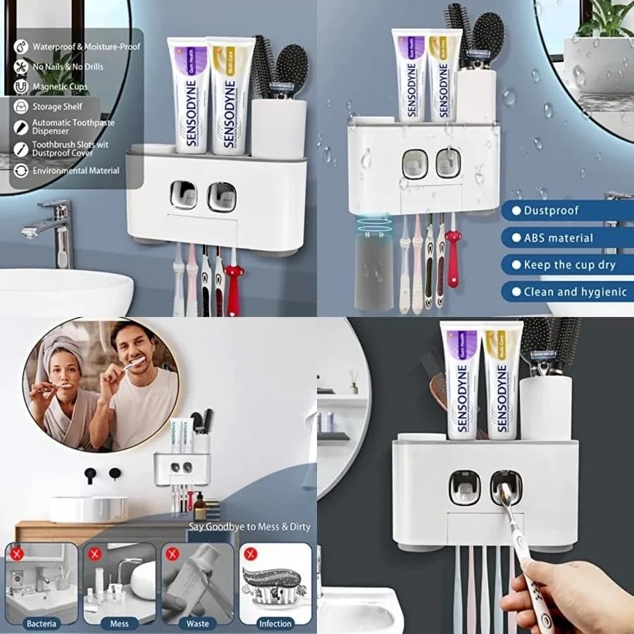 Portaspazzolino da parete WEKITY, dispenser multifunzione per spazzolini e dentifricio per bagno, con 5 slot per spazzolini, 2 dispenser per dentifricio e 4 bicchieri (Grigio)