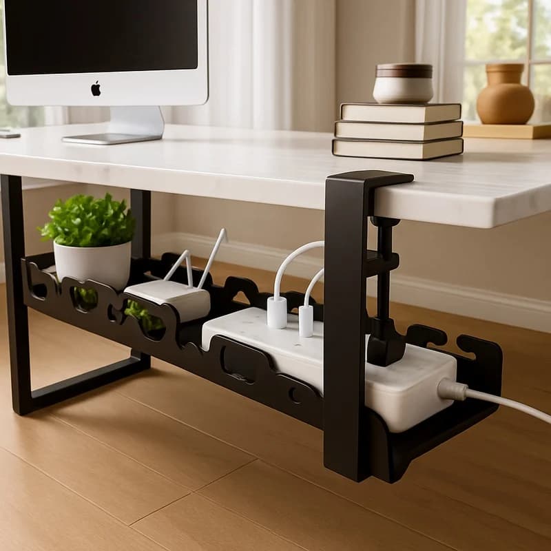 Under-Desk Metal Cable Holder Tray for Office and Home, No-Drill Wire Management Storage Rack