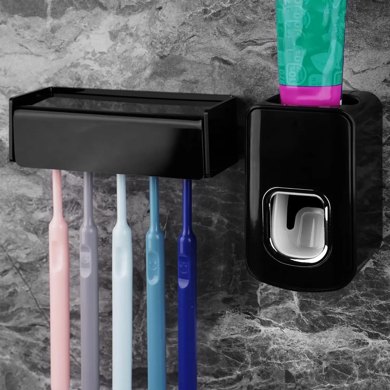 Portaspazzolini da Parete a 5 Scomparti con Coperchio, Organizzatore Doccia Autoadesivo e Dispenser Automatico di Dentifricio in Nero