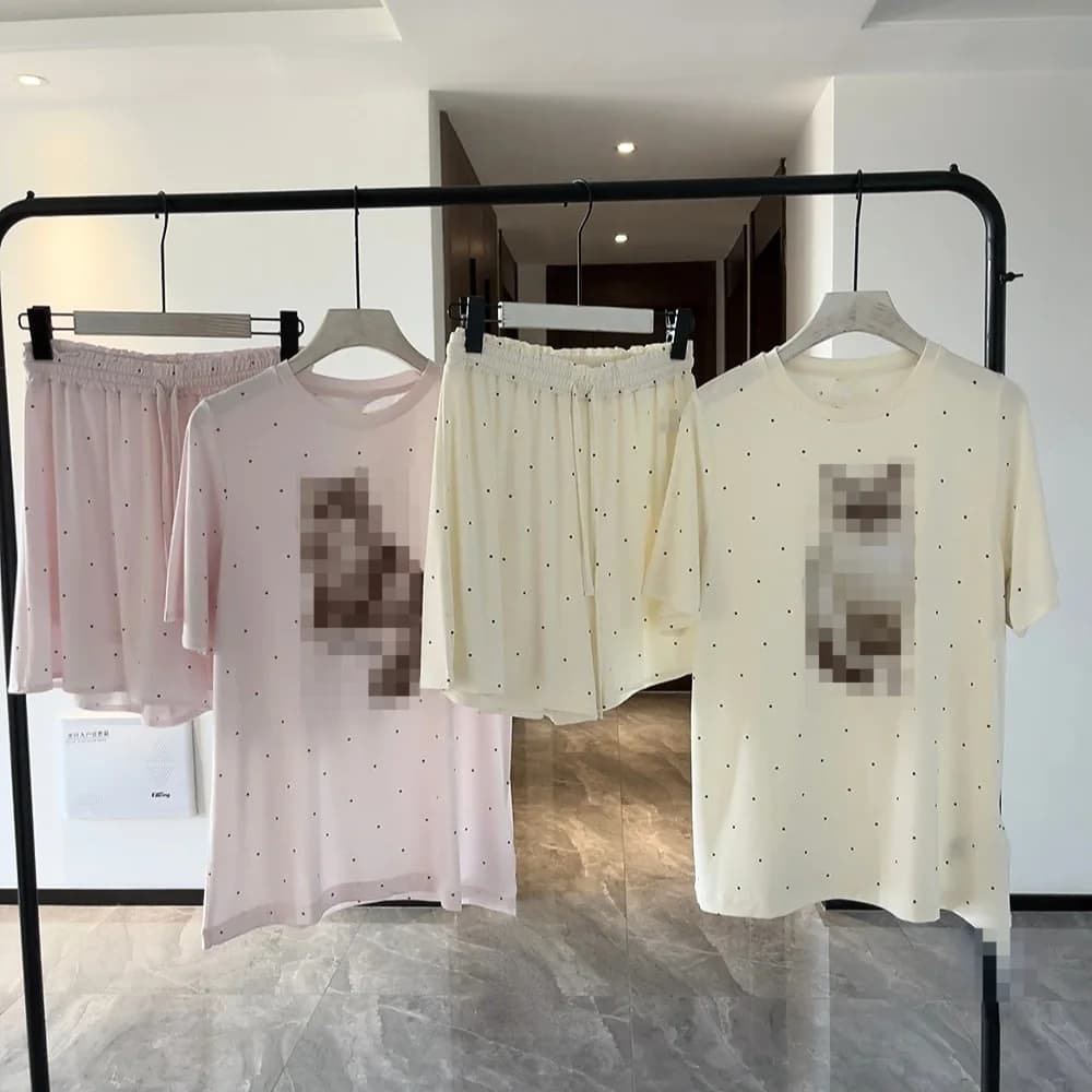 Cute Style Summer Night Gown New Style Bath Robe Modal Cat Print Breast Pad Sleepwear Homewear Set (Top + Shorts)