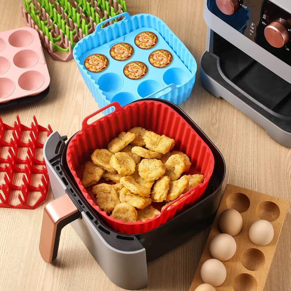 Set di 3 Pezzi Teglia in Silicone Antiaderente per Friggitrice ad Aria Resistente al Calore Stampo Quadrato per Cupcake Grill per Bacon Domestico
