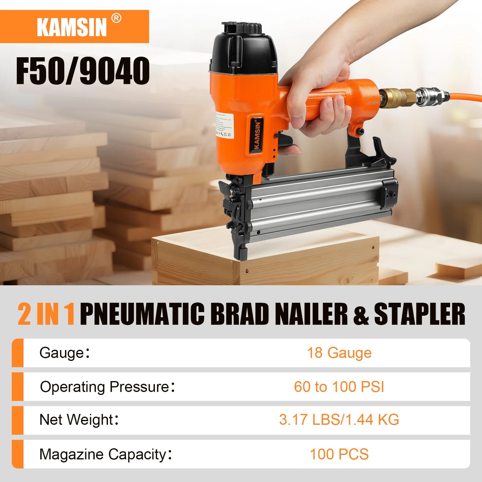 Chiodatrice Pneumatica F50/9040, 2 in 1 Pistola per Chiodi e Graffette, Emette Chiodi Brad da 18 Gauge 2 Pollici e Graffette con Corona da 1/4 Pollici 1-5/8 Pollici, con Custodia