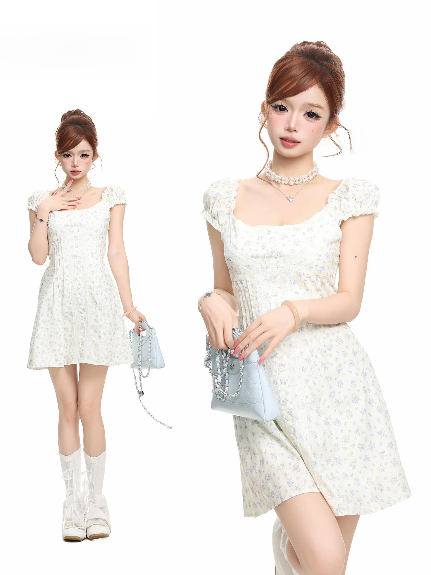 Floral Print Puff Sleeve Short Dress Women's Summer New Waist Cinched A-Line Skirt Square Collar Breathable Cotton Blend