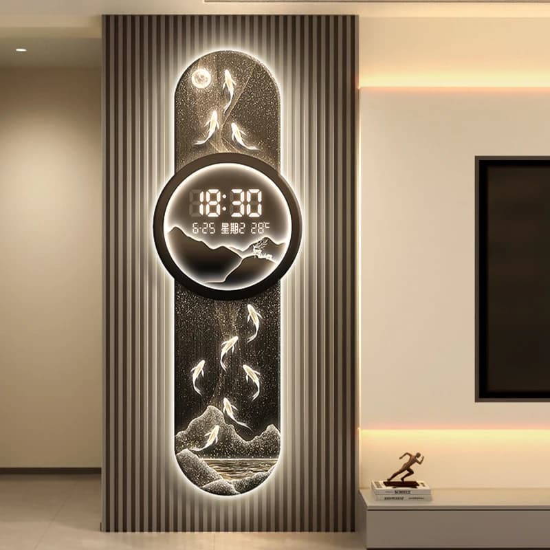 LED wall clock Picture of nine fish Living room Electronic clock Temperature with date Digital watch Corridor Home decoration