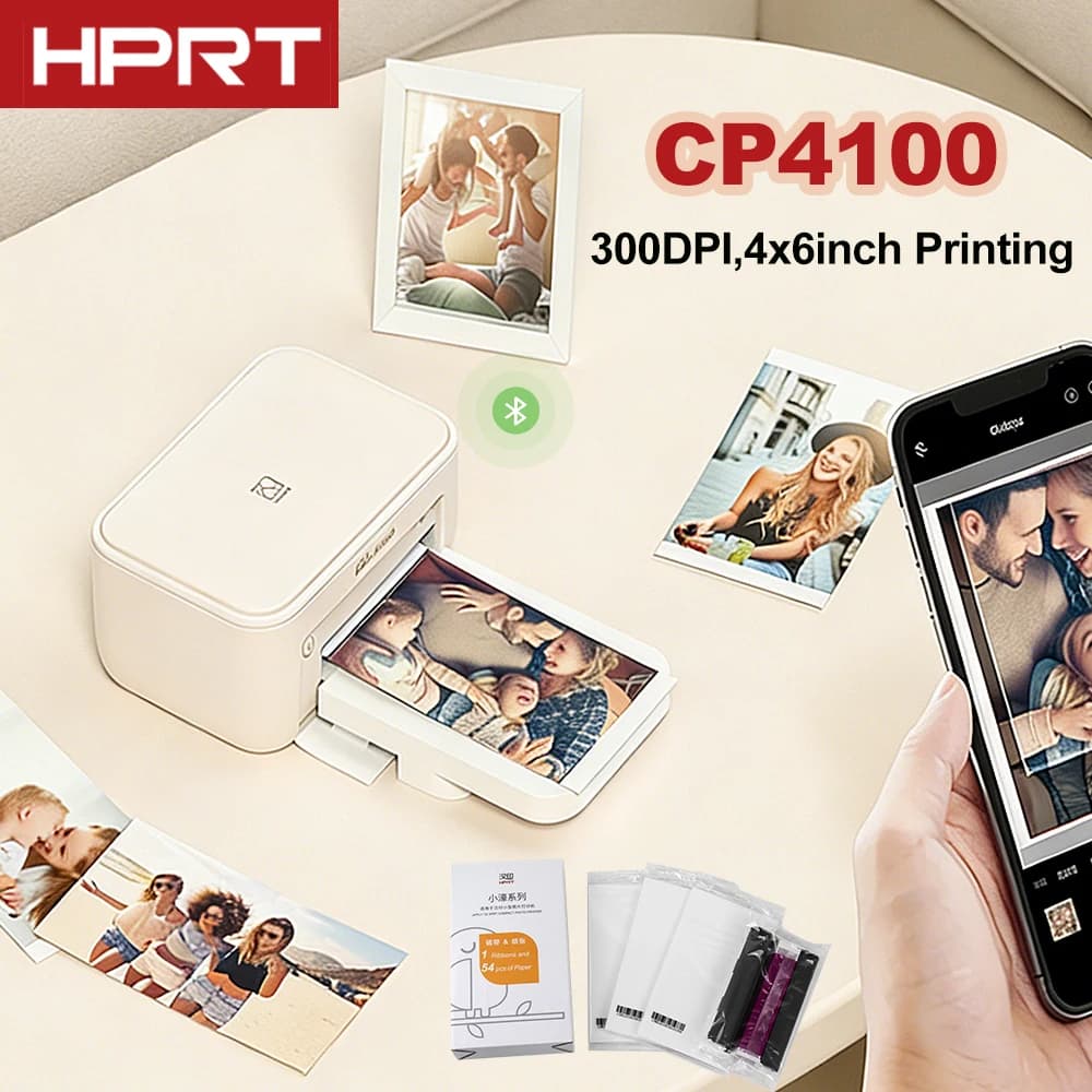 Nuova Stampante Fotografica Bluetooth HPRT CP4100 300DPI, Stampante Termica a Sublimazione 4x6 Pollici con Nastro Colorato per Uso Domestico