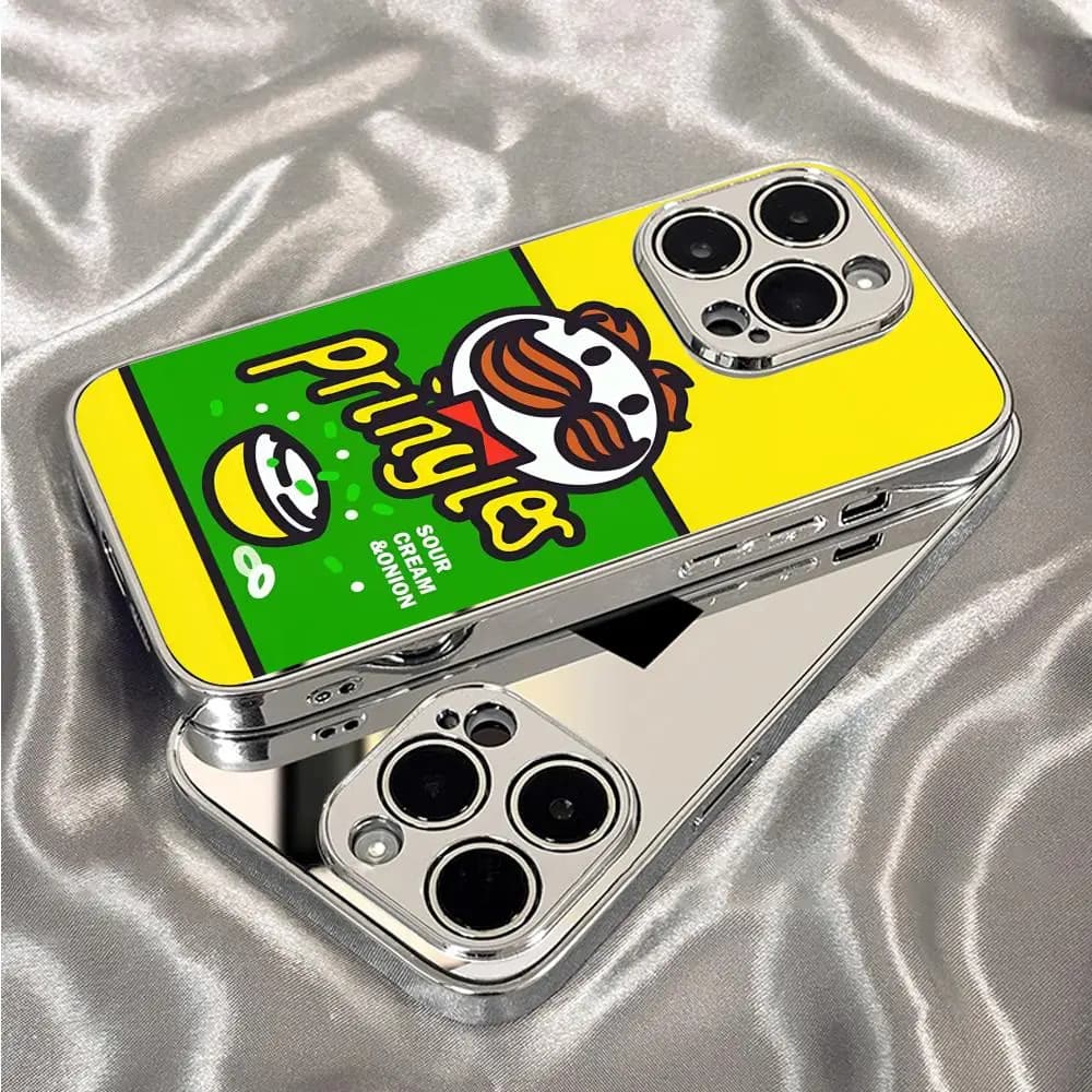Custodia per telefono P-Pringles per iPhone 17 16 15 14 13 12 Pro Max Plus, con paraurti in metallo galvanizzato, sottile, di lusso, con retro in vetro temperato