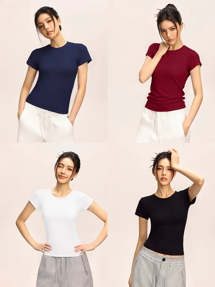 July round Neck Short Sleeve T-Shirt Women Summer Spicy Pure Cotton Short Style Base Shirt Slim Fit Inner Wear Base Top