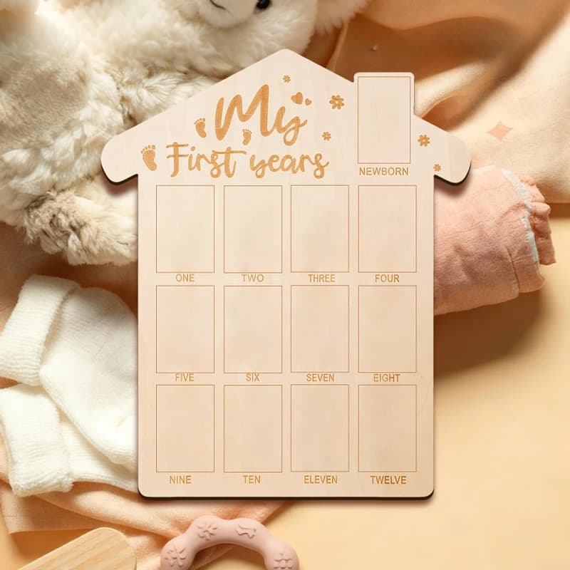 Wooden First Year Milestone Photo Frame First Year Picture Frame House Shape Photo Frames Table Decor Gift for New Parents