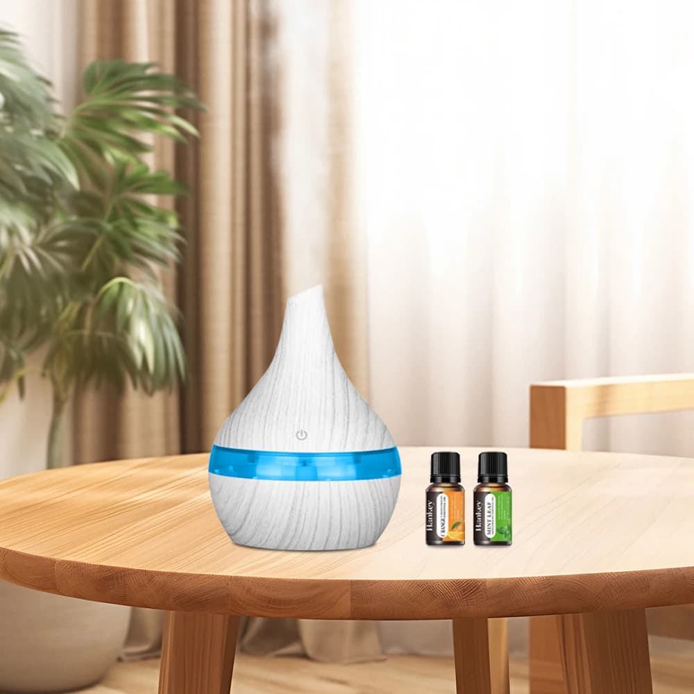 Stylish Wood Grain Humidifier Essential Oil Diffuser for Home/Office 300ml USB Hydration Includes 2 Aroma Oils