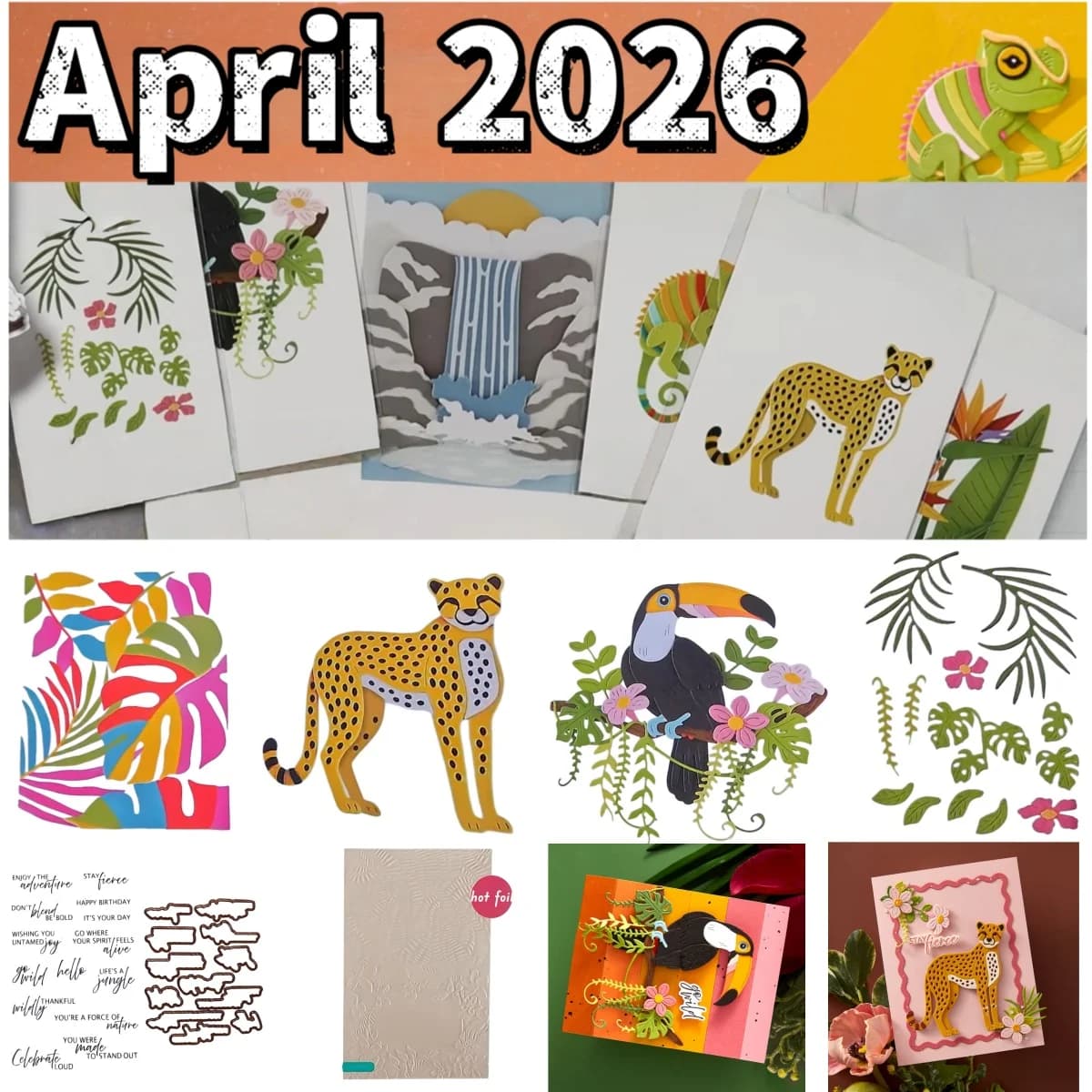 Aprile 2026 Rainforest Falls Toucan Jungle Cat Fustella per taglio metallo, Timbri trasparenti, Stencil, Lamina a caldo per creazioni fai da te, biglietti regalo e scrapbooking